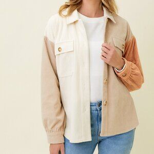 MYSTREE Colorblock Corduroy Shacket, Neutral Beige Cream Camel Button-Up Jacket